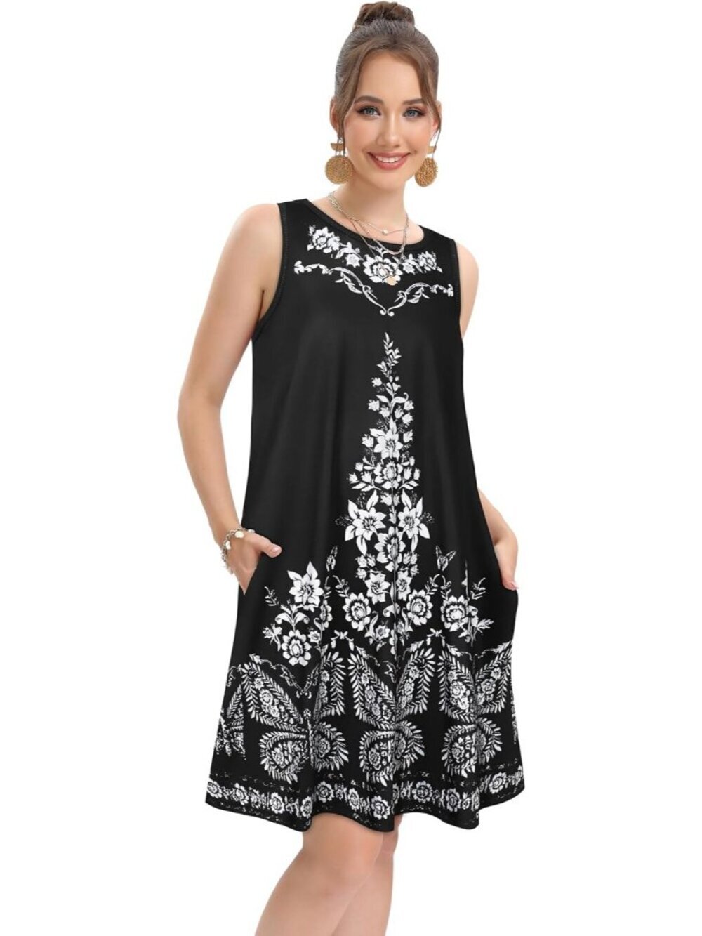 ✨Women's Black Floral Sundress Casual Sleeveless Tank Loose Pockets Summer Dress - Picture 2 of 5